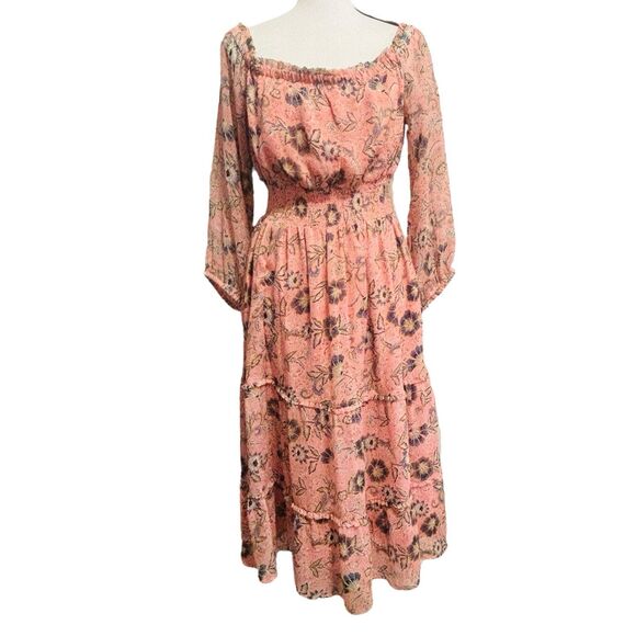 Patrons of Peace OTS Fresco Dress Sz Large Peach Floral Tiered Skirt - Picture 3 of 12
